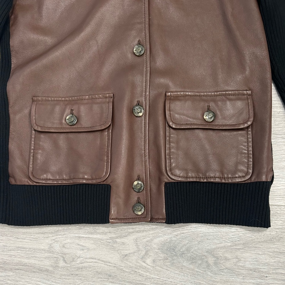 Lauren Ralph Lauren Brown Faux Leather Dark Navy (Black) Knit Cardigan - Picture 4 of 12